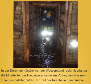 (c) Heiko Nickel  In der Dorotheenrösche war der Wasserstand recht niedrig, da die Mitarbeiter der Harzwasserwerke am Vortag den Wasser-zulauf umgeleitet hatten. Ein Teil der Rösche in Eisenausbau.